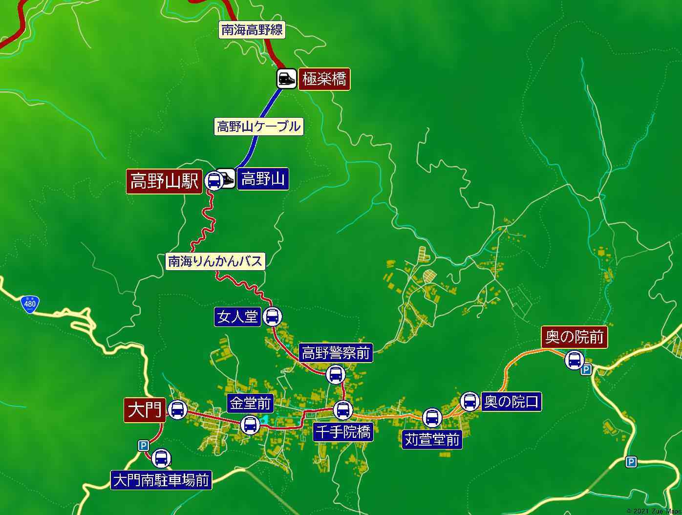 地図 高野山への鉄道アクセス 乗換案内
