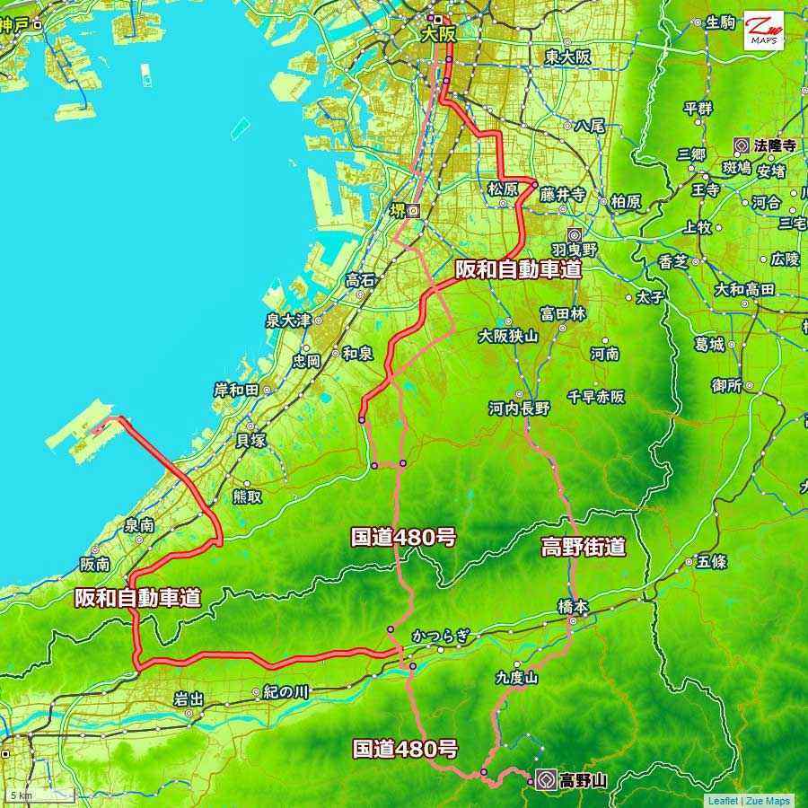 地図 大阪から高野山への車での行き方 4ルートを比較 解説