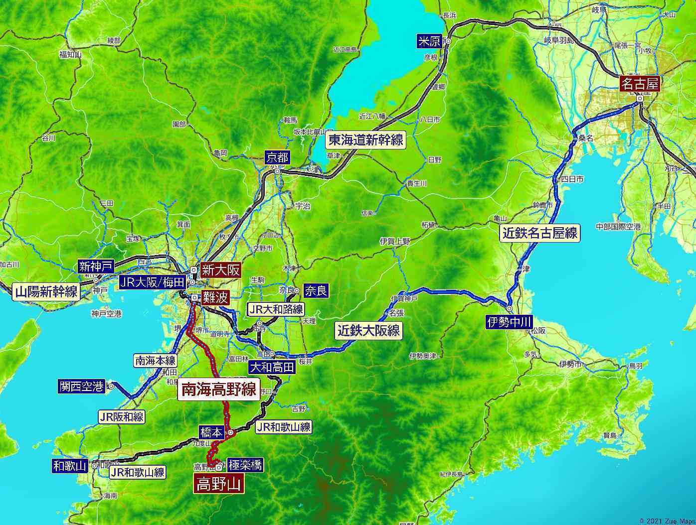 地図 高野山への鉄道アクセス 乗換案内